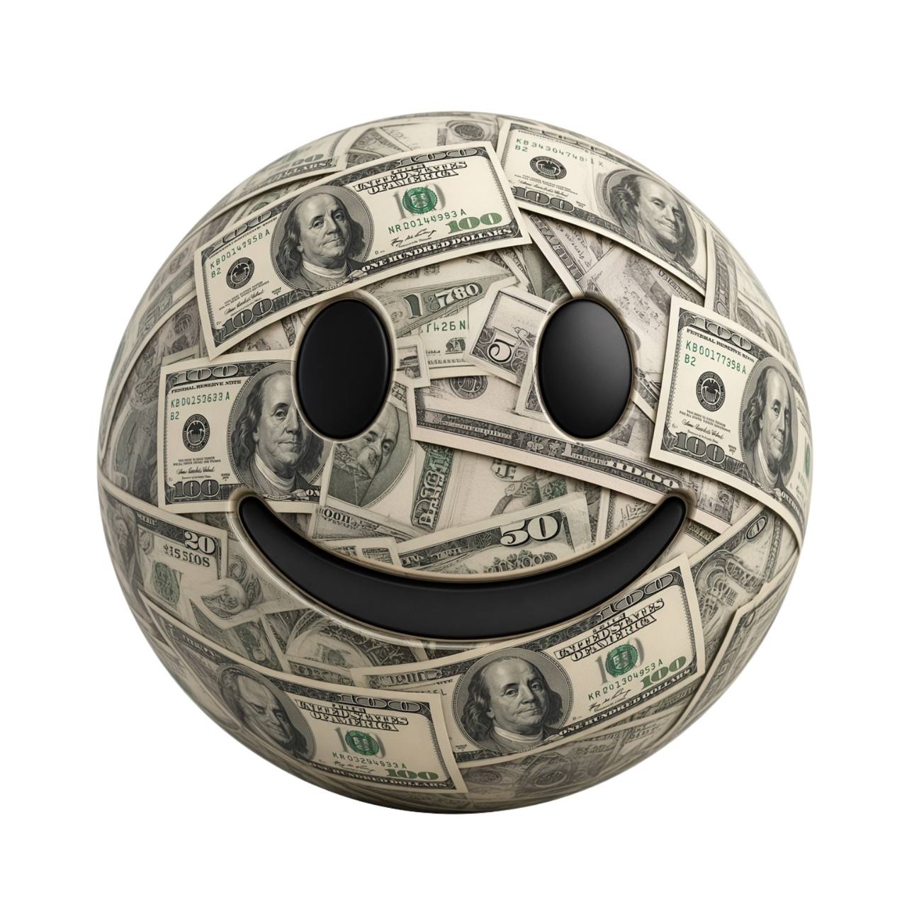 A smiley face made of hundred-dollar bills